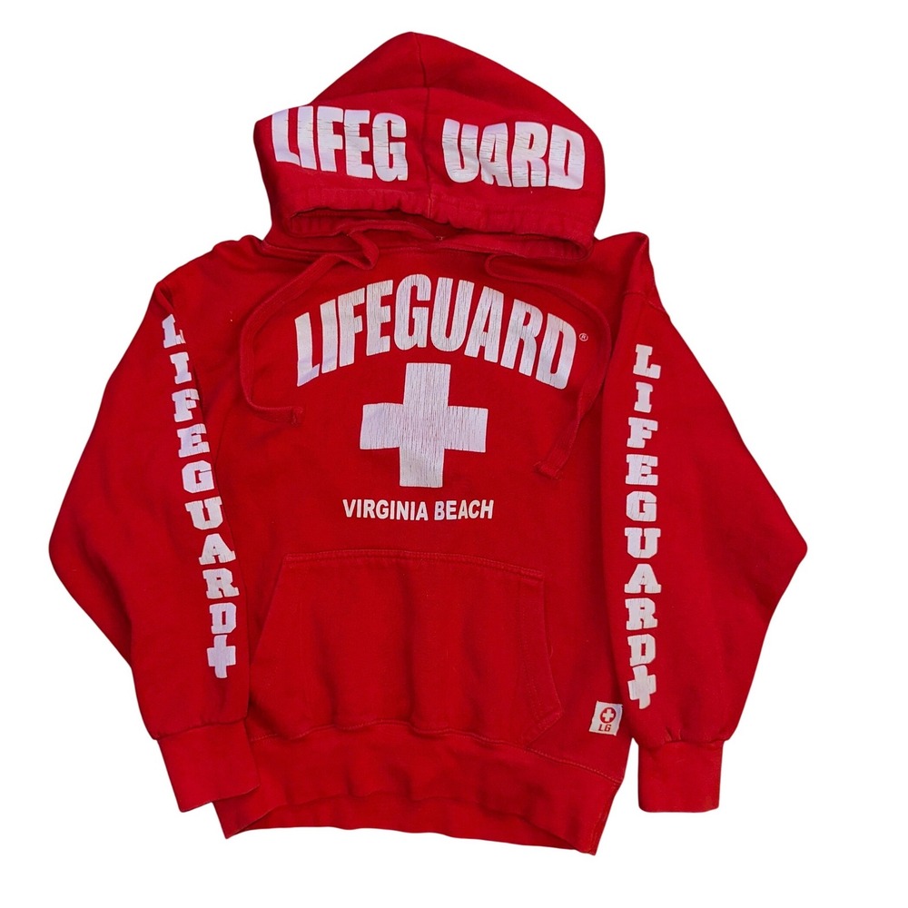 Lifeguard Virginia Beach Hoodie Red Pullover Sweatshirt Small Graphic Hood